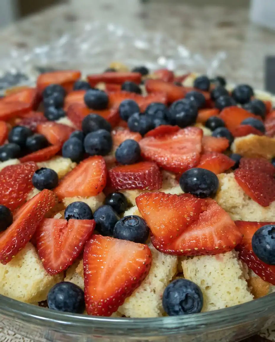 Fresh strawberries, blueberries, instant white chocolate pudding mix, milk, whipped topping, and cubed angel food cake on a counter