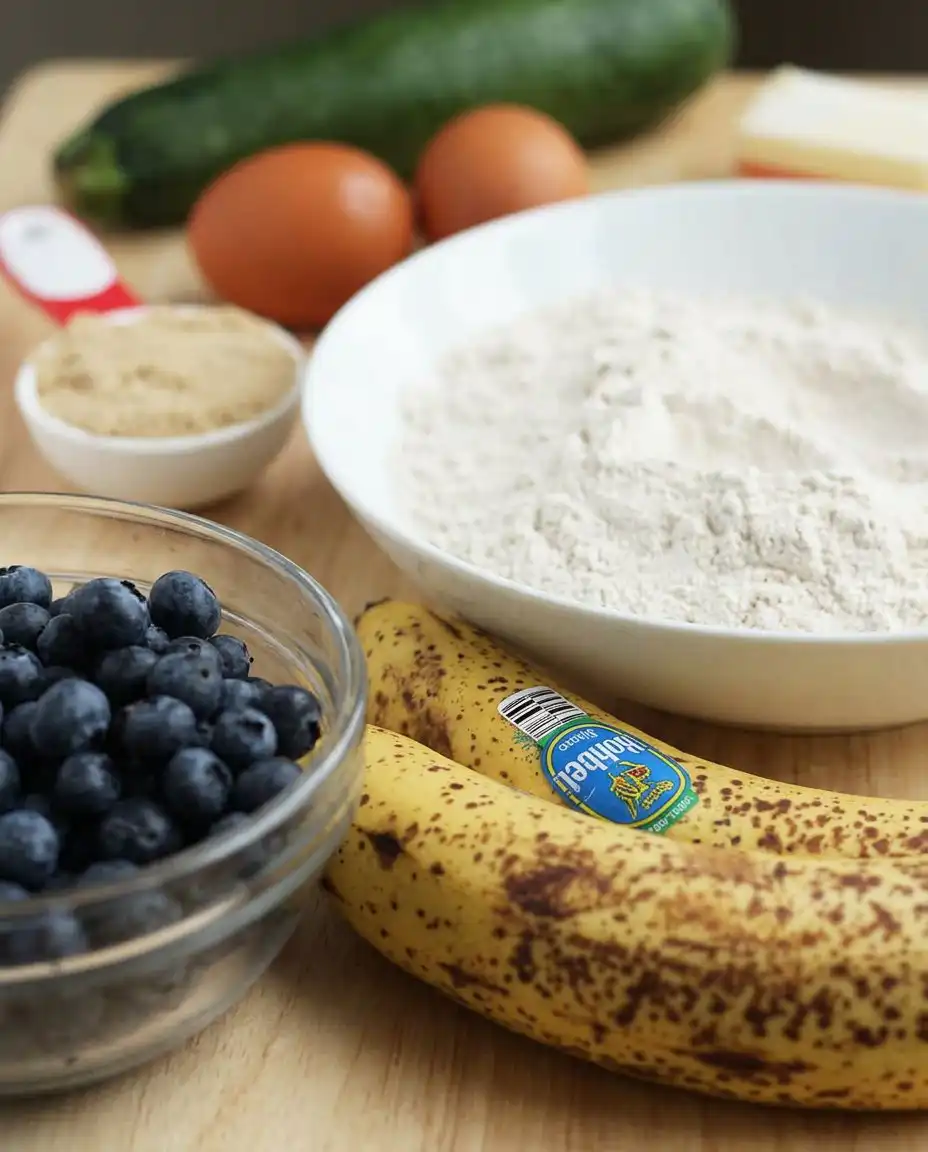 Basic ingredients for banana zucchini muffins including bananas and zucchini