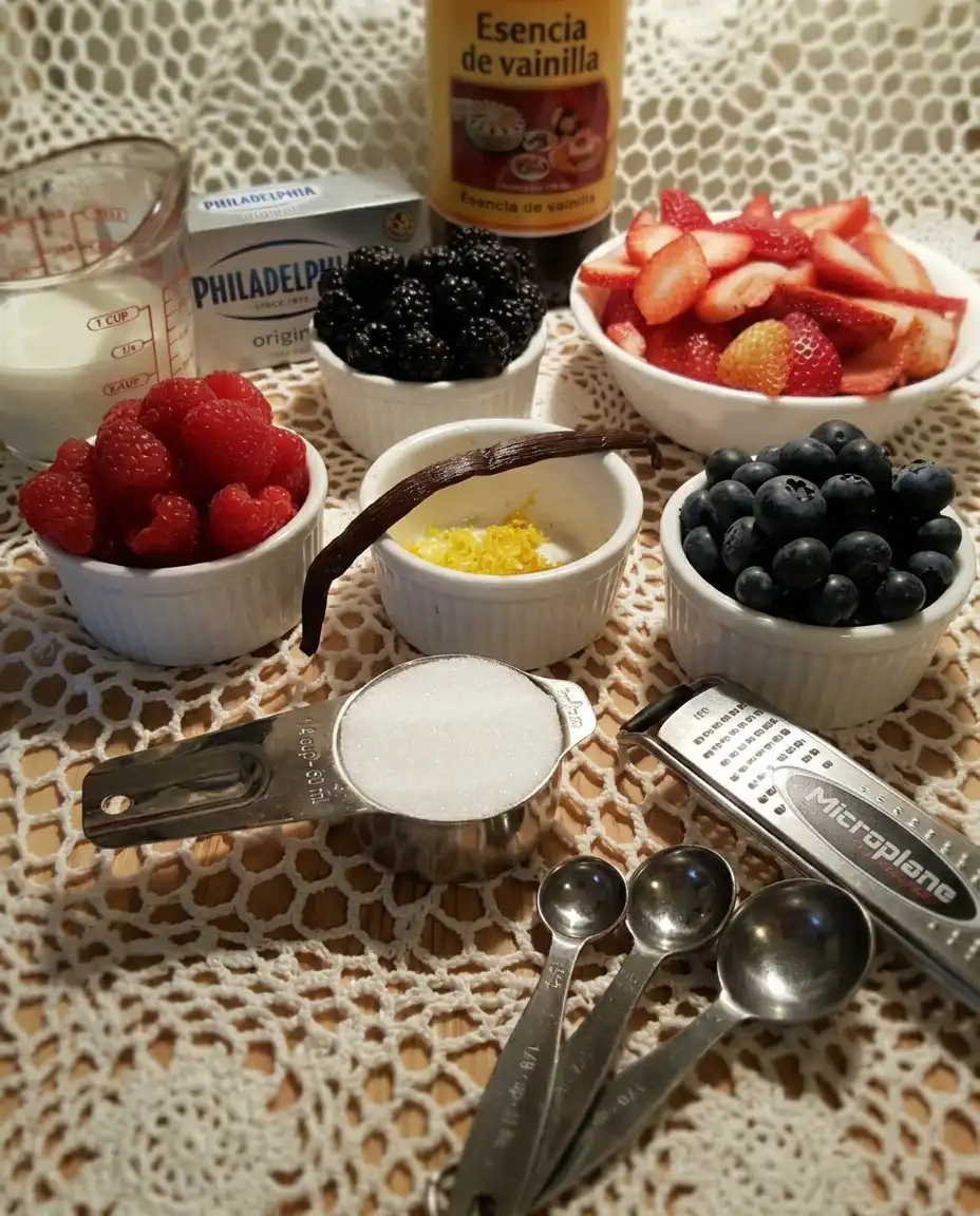 Fresh strawberries, blueberries, cream cheese, and marshmallows on a kitchen counter.
