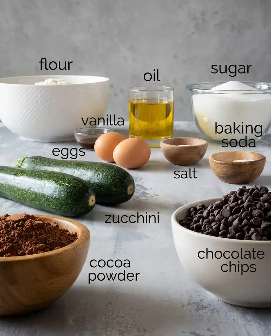 Ingredients for chocolate zucchini bread including shredded zucchini and cocoa powder