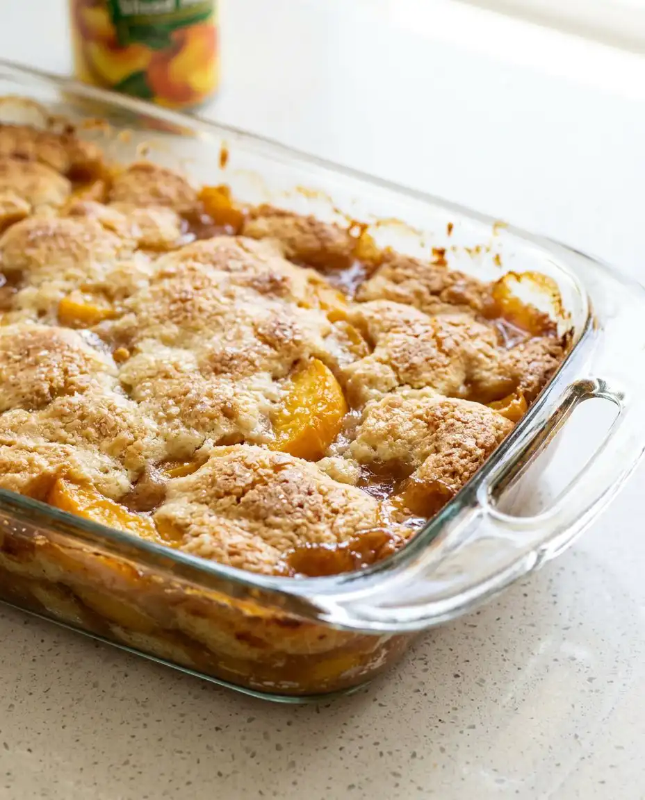 Cans of sliced peaches and pantry staples for making Peach Cobbler with Canned Peaches.