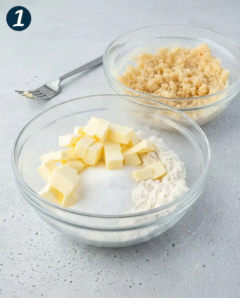Bowls of flour, sugar, butter, and fresh lemons on a wooden counter