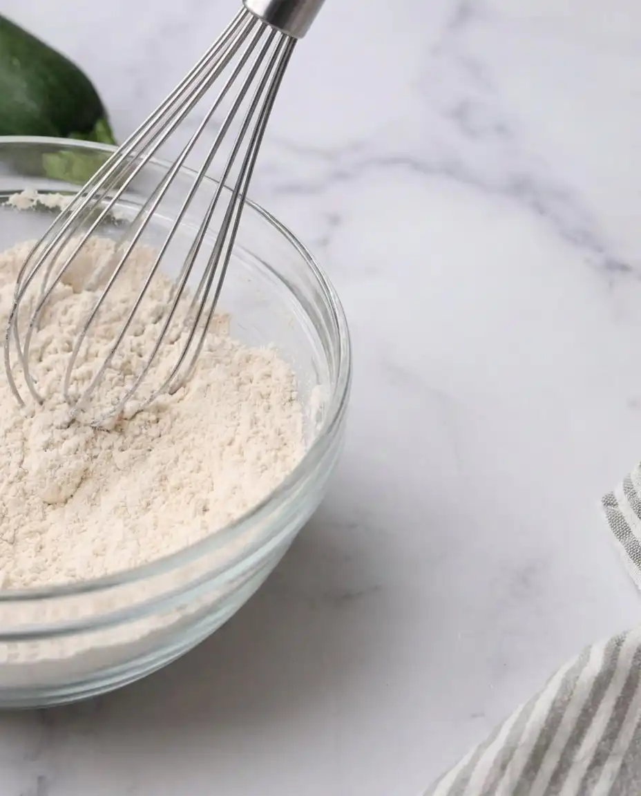 A collection of simple ingredients for Zucchini Bars including flour, butter, and a fresh zucchini.