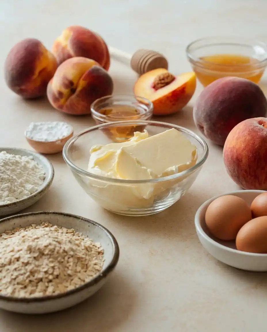 Ingredients for peach honey cheesecake cupcakes including fresh peaches and honey.