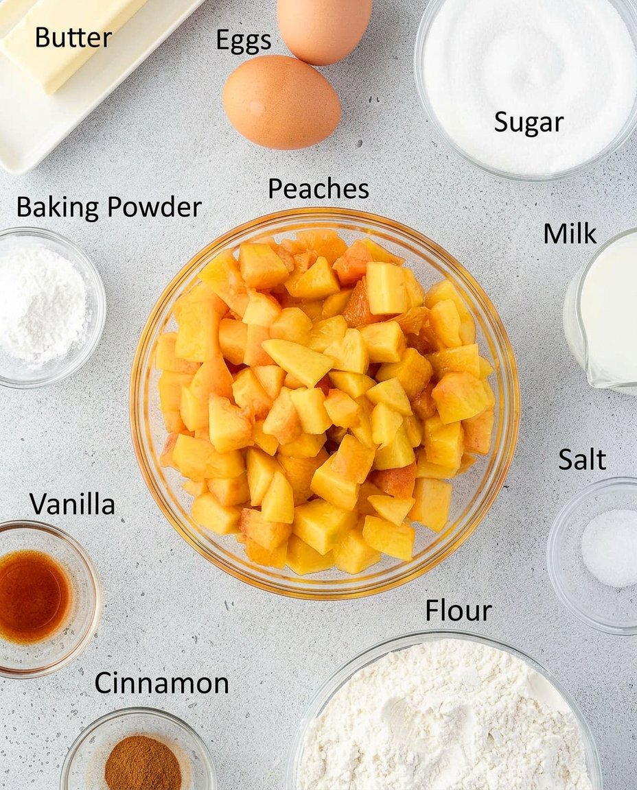 Bowls of flour sugar peaches and butter on a kitchen counter.