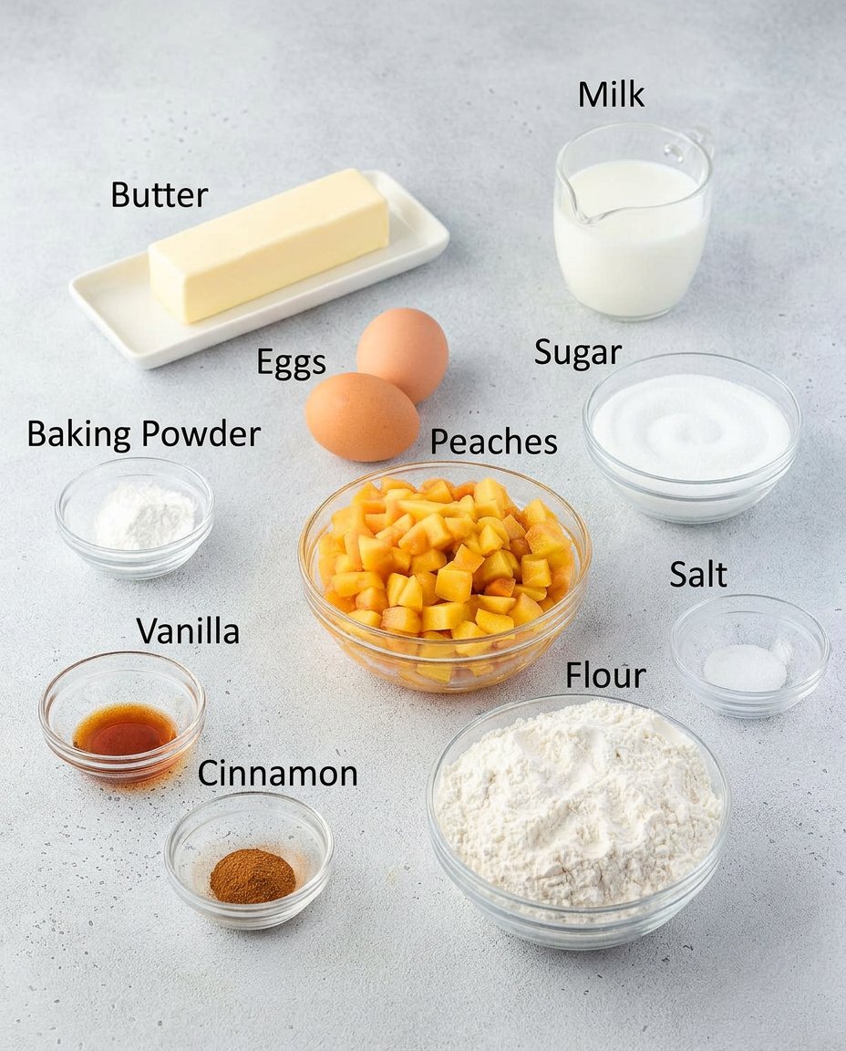 Bowls of flour sugar butter and canned peaches on a counter