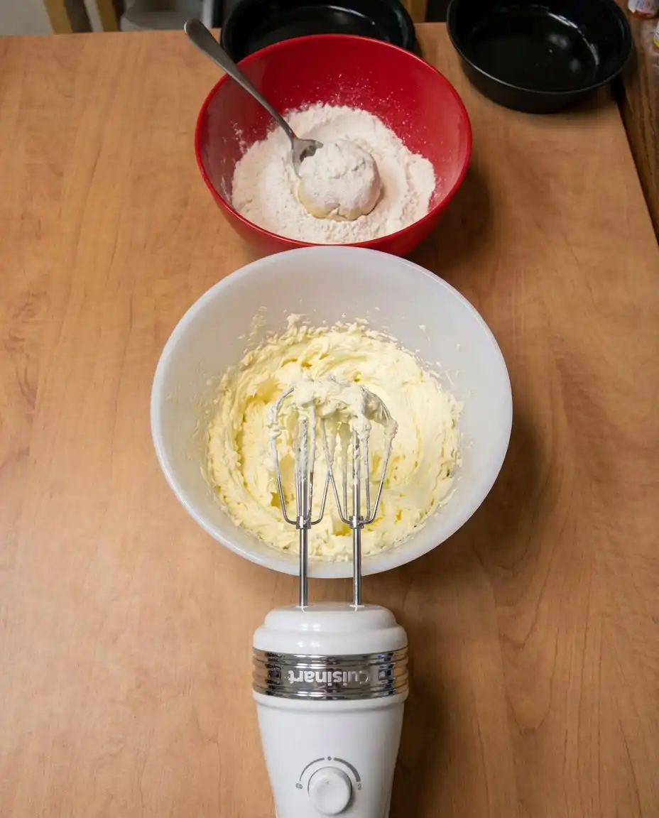 Basic ingredients like flour sugar butter and fresh peaches arranged for a Peach Coffee Cake recipe.