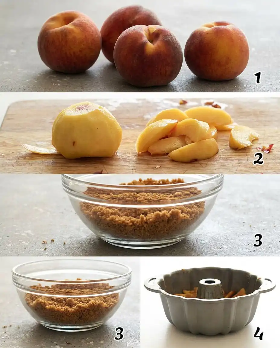 Fresh peaches, cream cheese, butter, and flour on a kitchen counter.