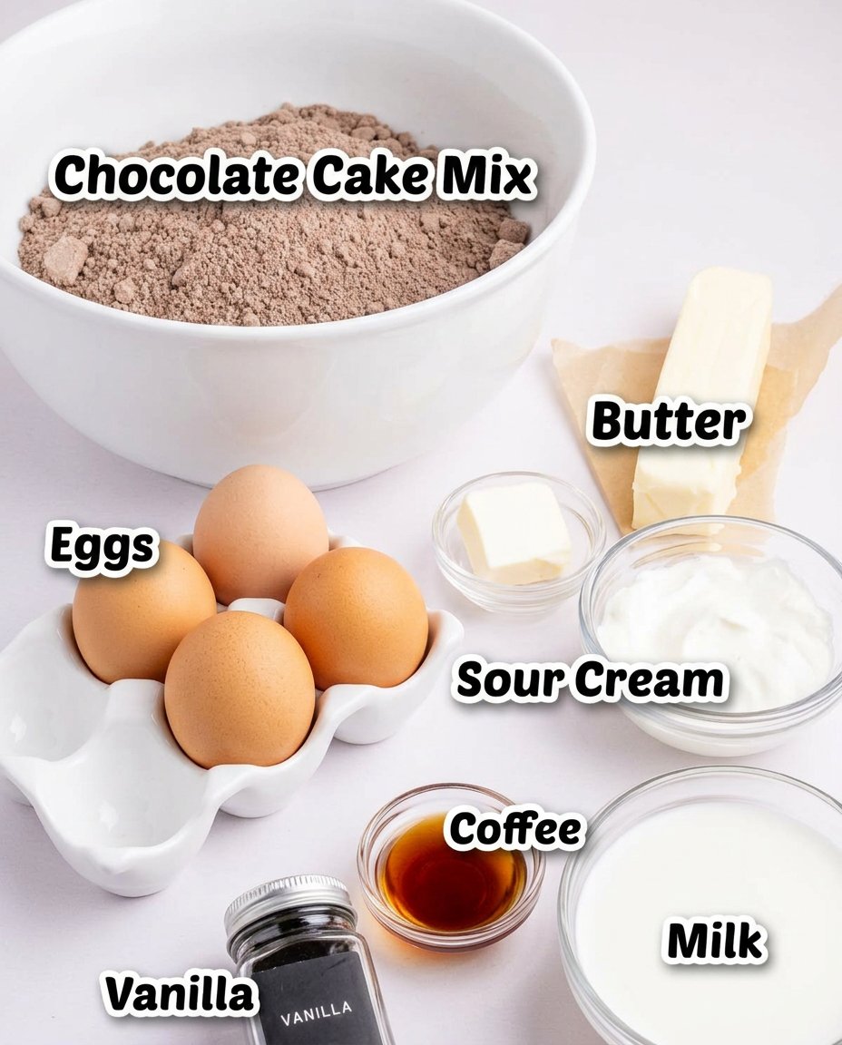 Ingredients for peanut butter poke cake including cake mix and pudding
