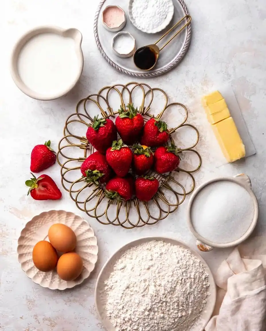 Basic pantry ingredients including flour butter eggs and fresh strawberries