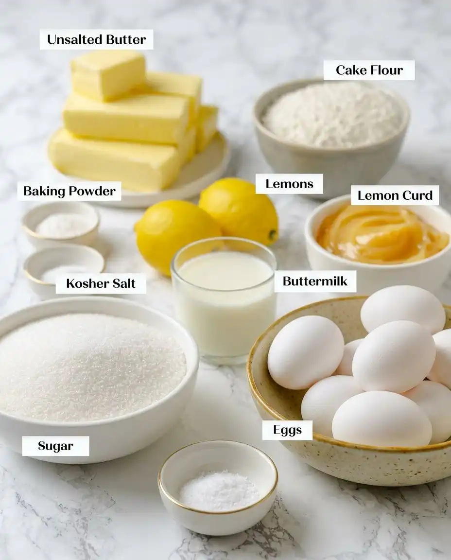 Fresh lemons, olive oil, and cake flour arranged on a kitchen counter.