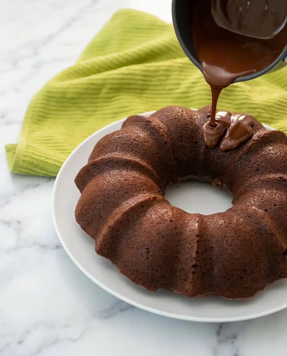 A finished square keto chocolate zucchini cake topped with a shiny layer of chocolate ganache