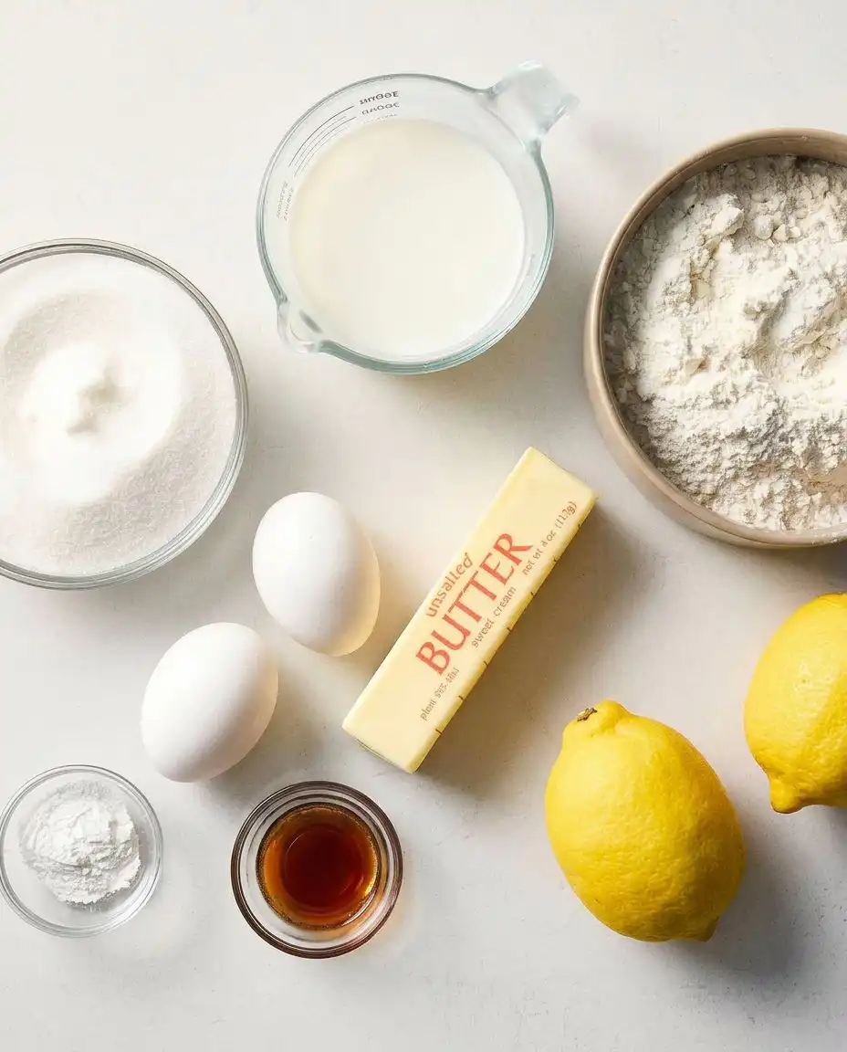 Ingredients for lemon velvet cake including buttermilk, lemons, and cake flour