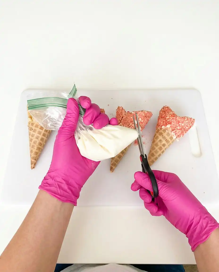 Spreading melted white chocolate inside a waffle bowl