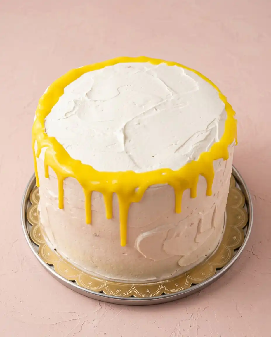 Mango Drip Cake 12 A beautiful Mango Drip Cake with yellow glaze and fresh fruit on a white stand