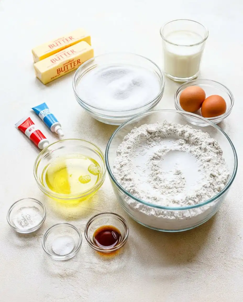 Red, White, and Blue Marble Cake 12 Ingredients for marble cake including butter, buttermilk, and food coloring
