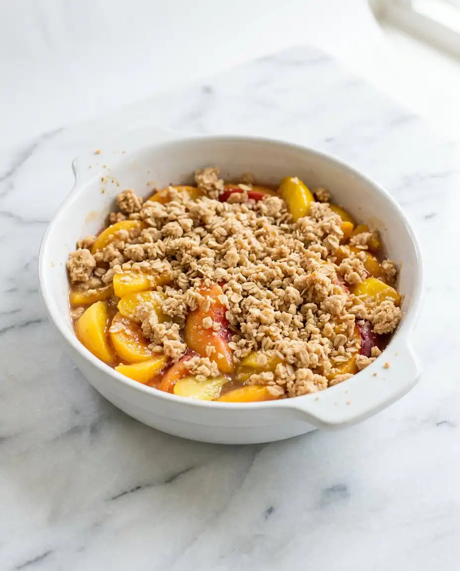 Hands rubbing butter into oats and brown sugar to make a Peach Crisp topping.
