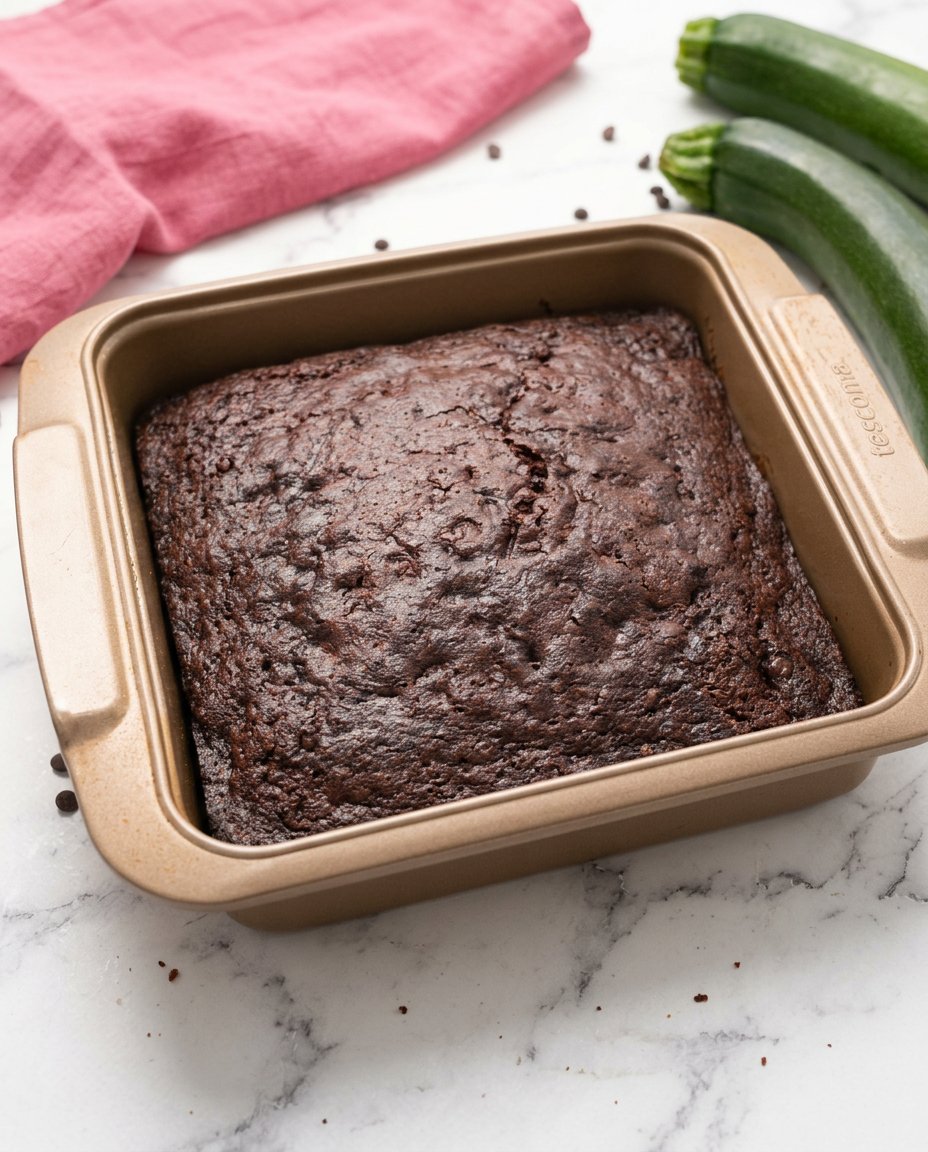 Moist Chocolate Zucchini Cake 12 A sliced Moist Chocolate Zucchini Cake sitting on a wooden kitchen counter.