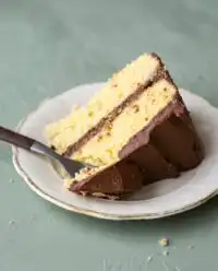 A slice of Classic Two-Layer Yellow Cake with Chocolate Frosting showing a moist yellow crumb.