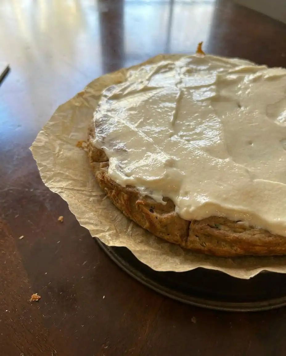 The full 9x13 Moist Zucchini Banana Cake with beautiful maple frosting swirls.