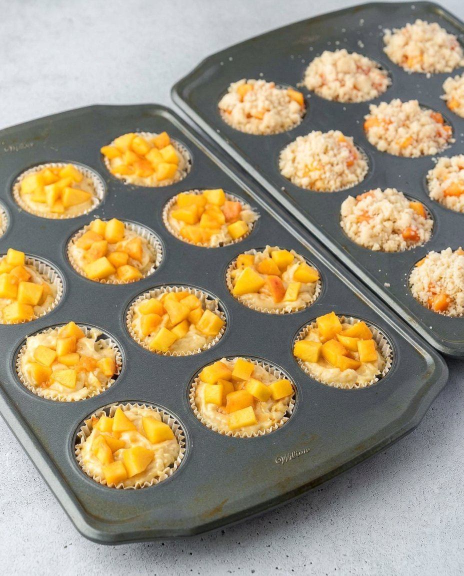 A person folding diced peaches into a thick muffin batter with a spatula.