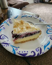 A cold no bake lemon blueberry dessert in a rectangular glass baking dish