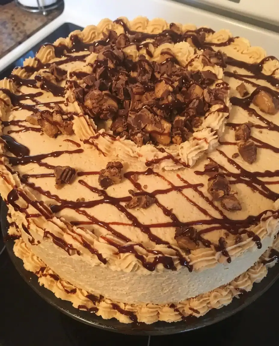 Old-Fashioned Peanut Butter Cake 10 A 9x13 inch old fashioned peanut butter cake with creamy frosting in a pan.