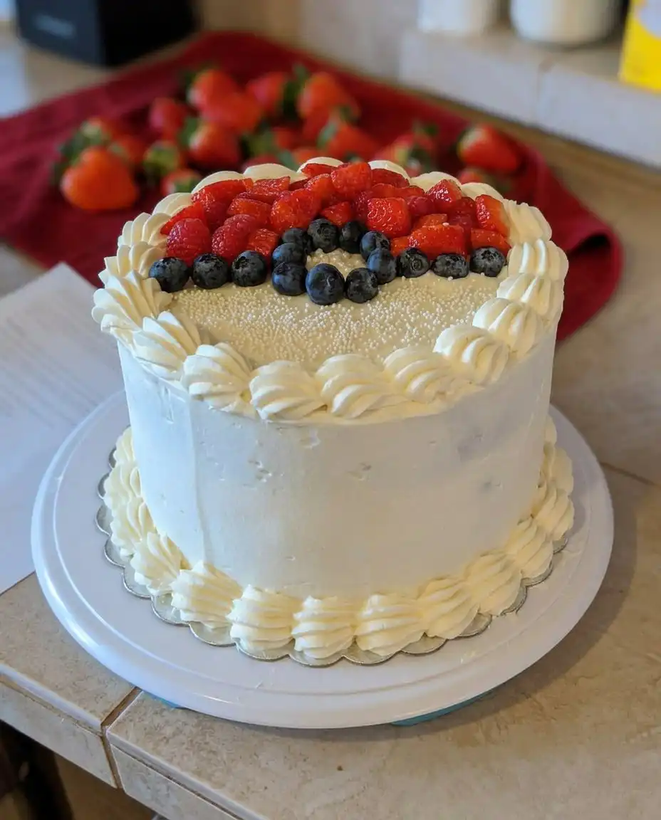 Summer Berry Poke Cake topped with fresh fruit and whipped cream swirls