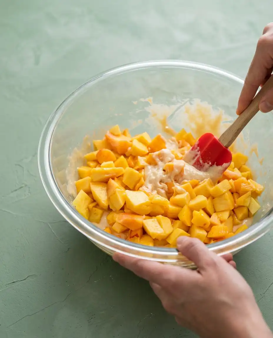 The ingredients for peach cake with brown sugar frosting including cake mix and fresh peaches.
