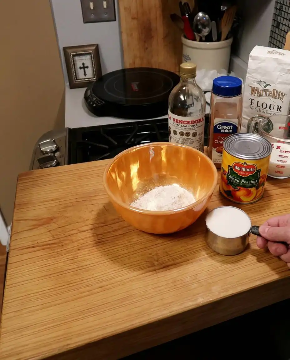 Ingredients for super easy peach cobbler including flour sugar and canned peaches