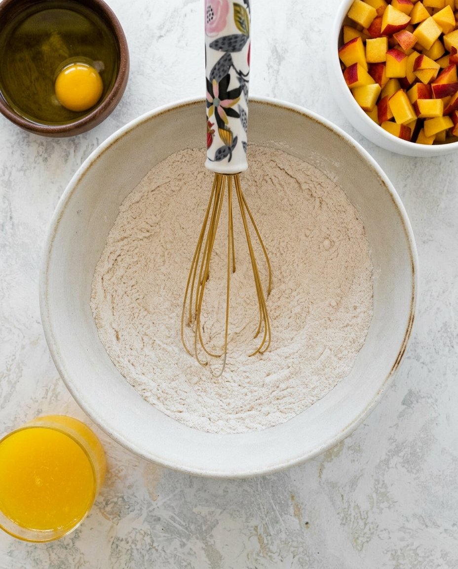 Ingredients for peach cobbler including flour sugar milk and canned peaches
