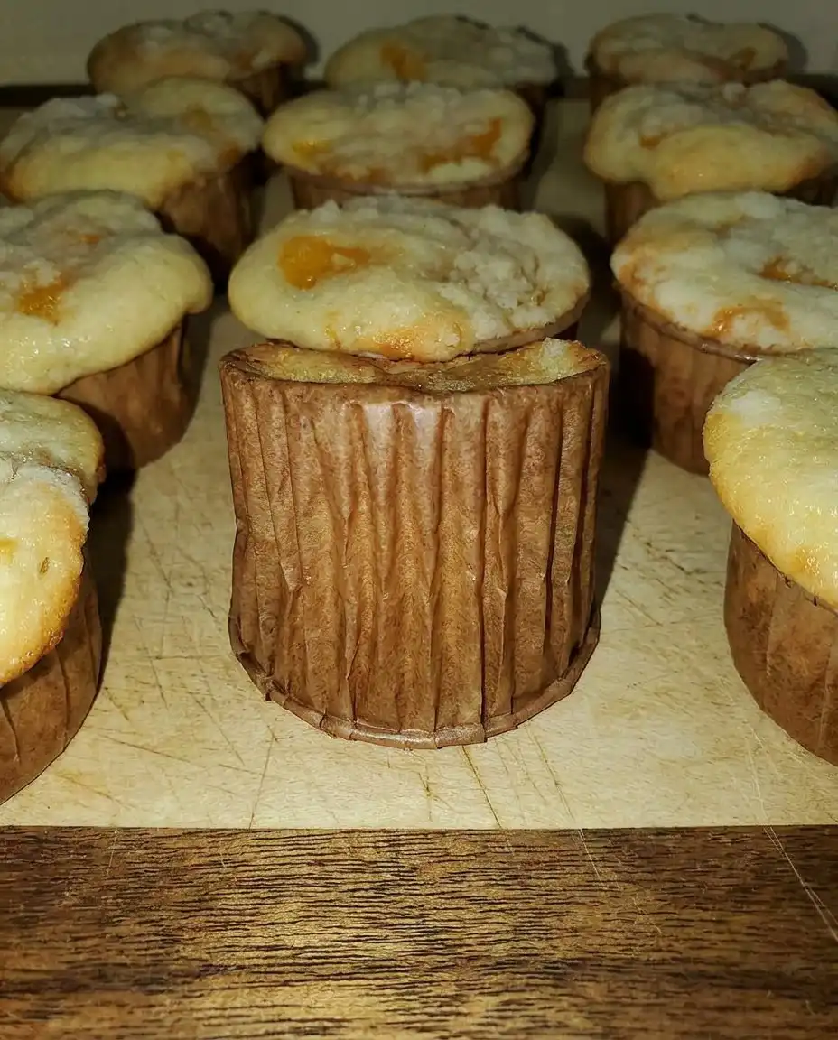 A single peach cobbler muffin on a plate next to a cup of coffee