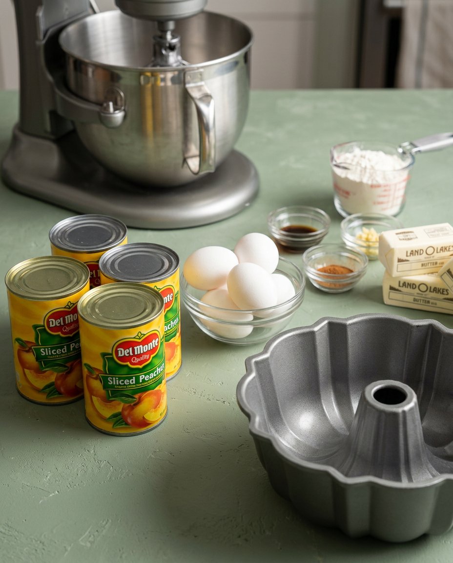 Ingredients for the Old-Fashioned Peach Cobbler Pound Cake Recipe including peaches and cream cheese.