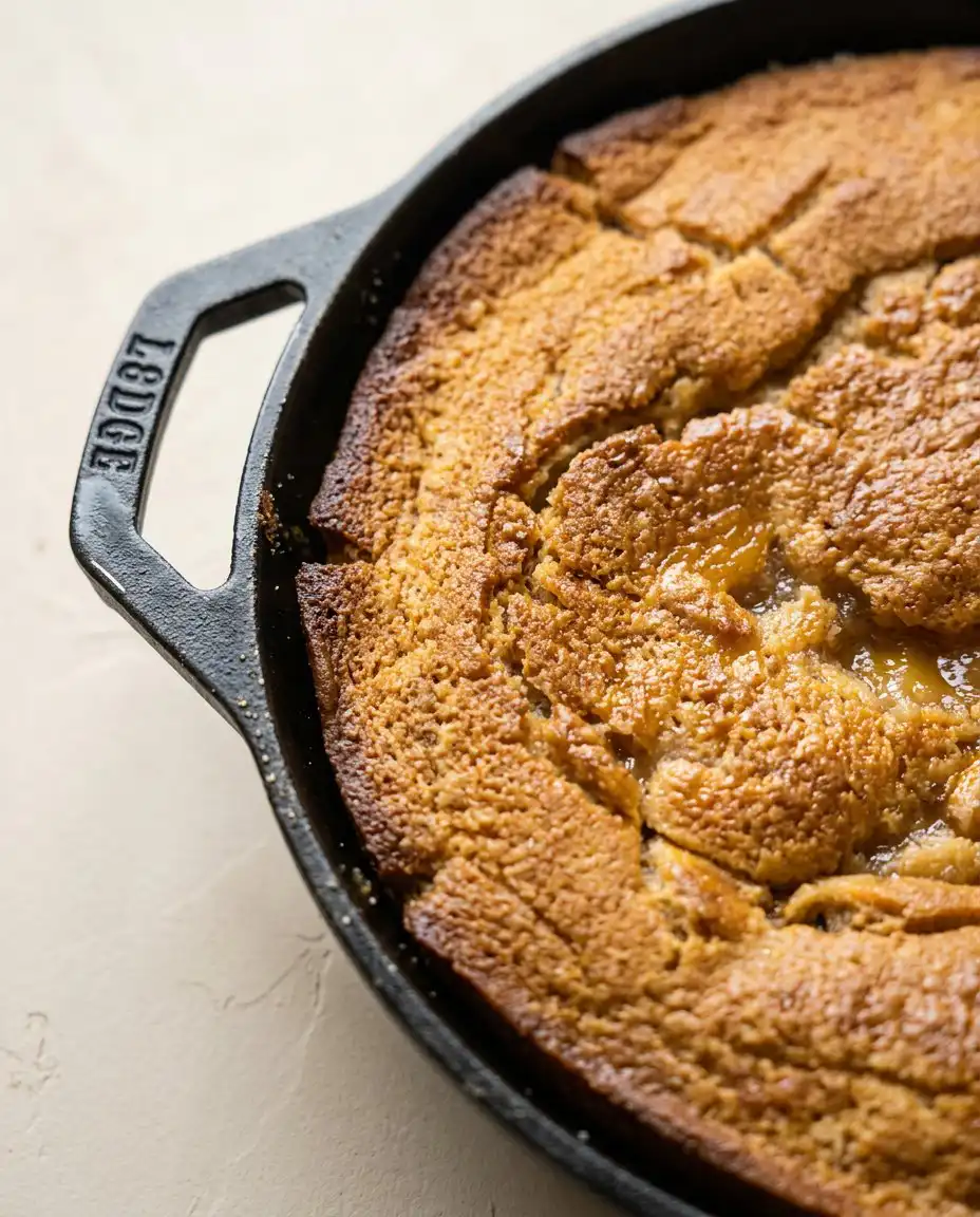 A scoop of Classic Peach Cobbler Dump Cake topped with melting vanilla ice cream on a white plate.