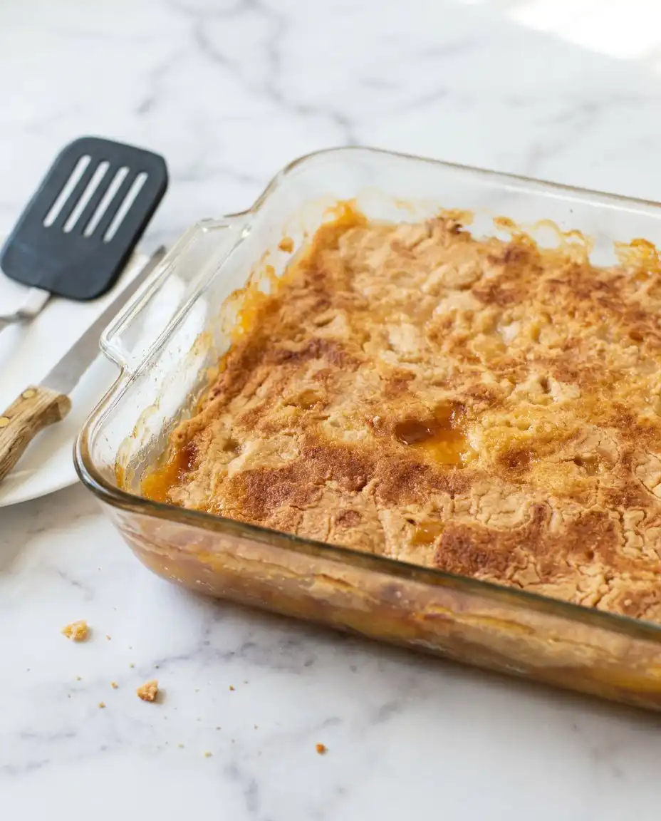 A portion of Peach Cobbler with Yellow Cake Mix topped with a melting scoop of vanilla ice cream.