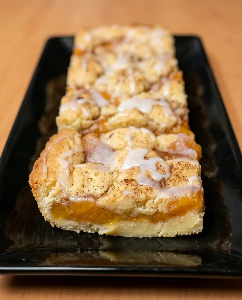 A plate with a slice of Peach Coffee Cake next to a steaming mug of morning coffee.