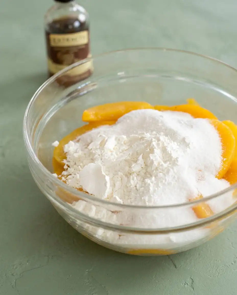 Sliced peaches tossed with sugar and cornstarch for a Peach Crisp filling.