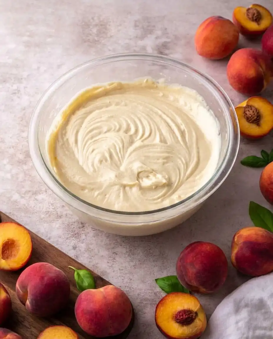 Assembling the layers of a peaches and cream cake with syrup and fruit