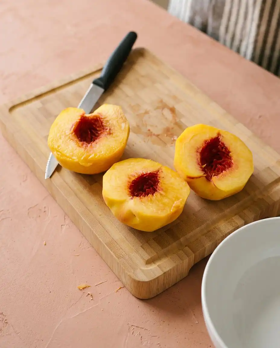 Fresh sliced peaches and bowls of flour and sugar for No Bake Caramel Peach Upside Down Cake.