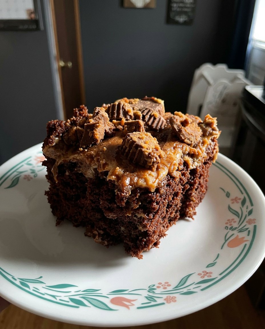 A wooden spoon poking holes into a chocolate sheet cake