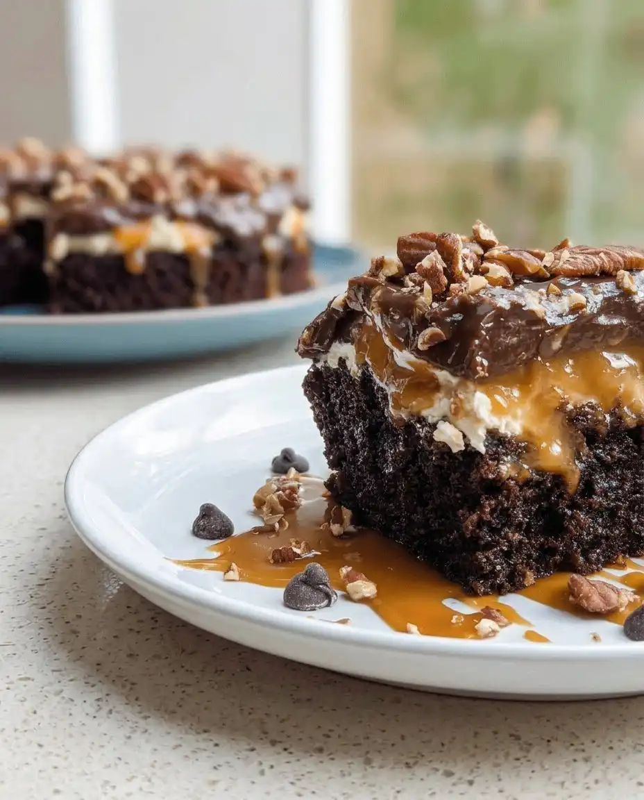Using the handle of a wooden spoon to poke holes in a warm chocolate cake