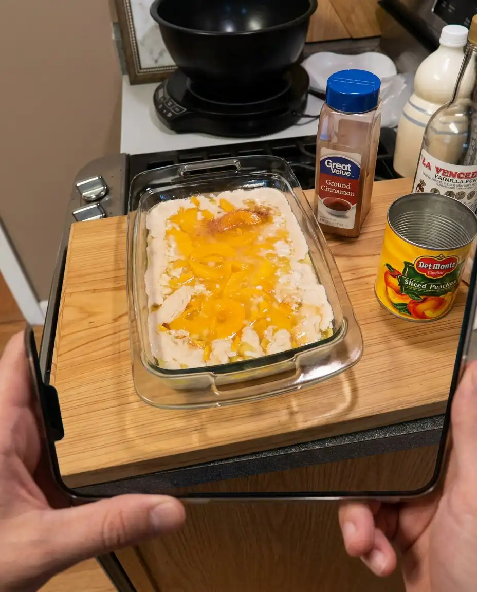 Pouring thin batter into a baking dish with melted butter