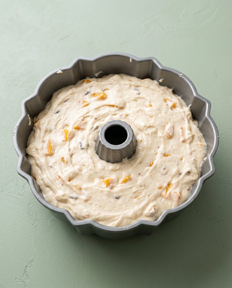 Applying nonstick spray to a bundt pan for the Old-Fashioned Peach Cobbler Pound Cake Recipe.