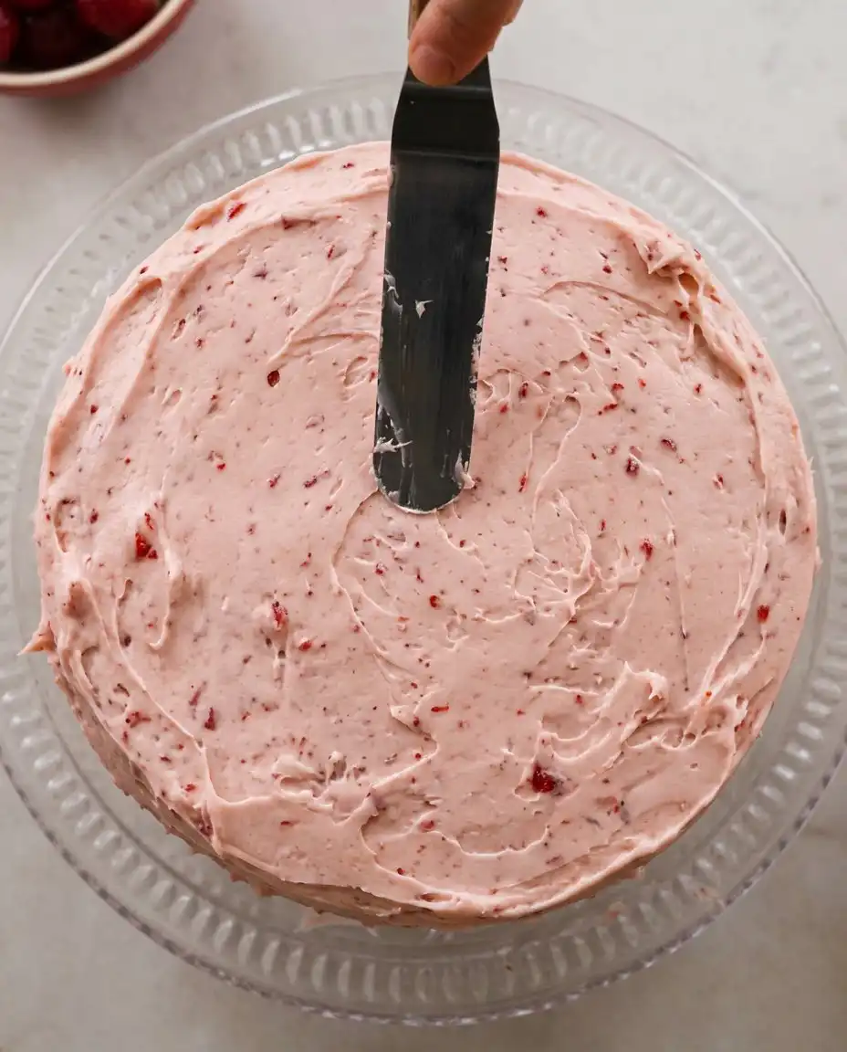 An offset spatula smoothing pink buttercream on a chocolate strawberry cake layer.