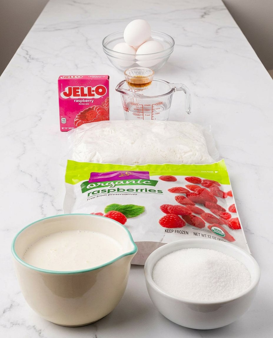 Ingredients for raspberry fluff cake including cake mix, gelatin, and frozen berries.