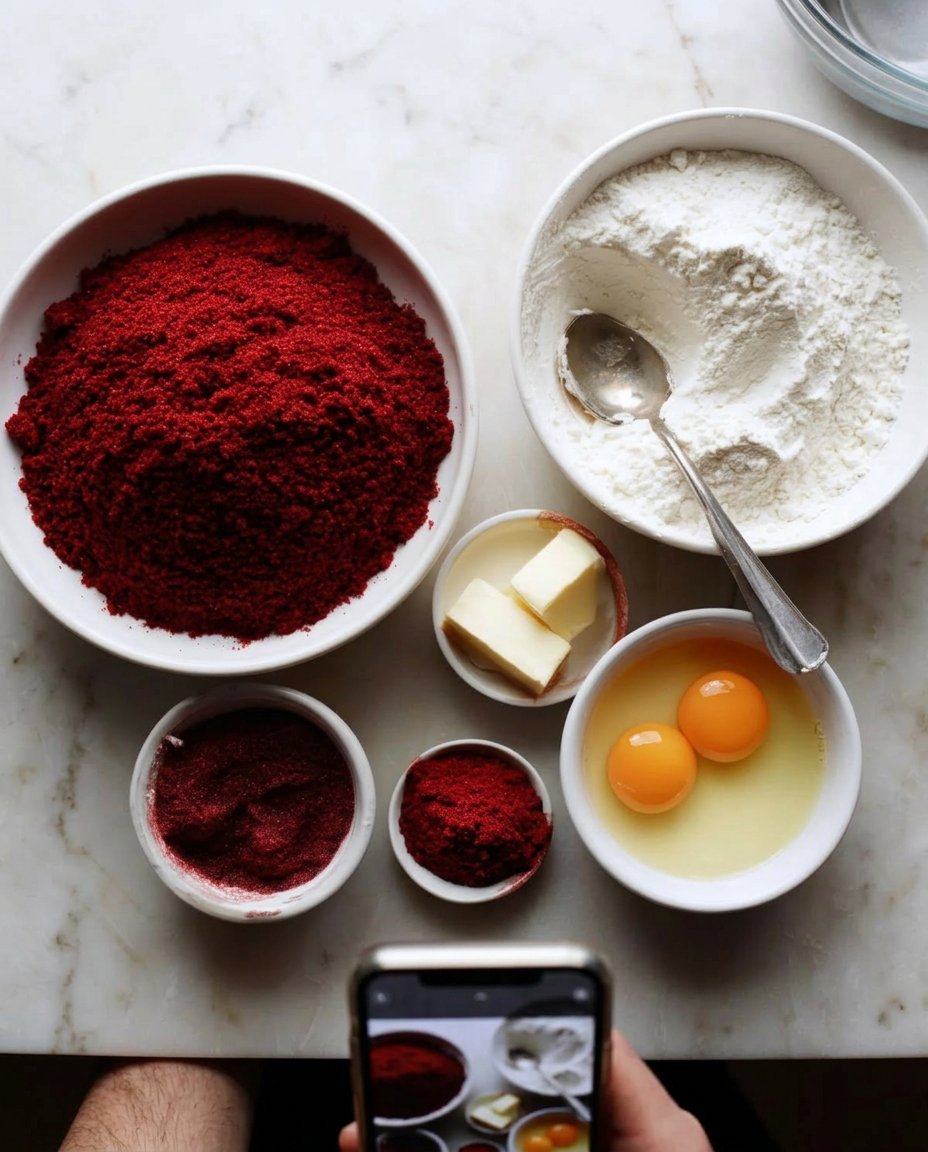 Bowls of flour, cocoa powder, buttermilk, and red food coloring on a kitchen counter
