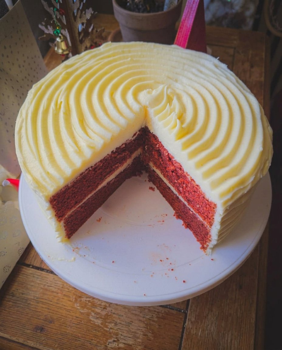 A single slice of red velvet cake showing the moist red crumb and white frosting layers