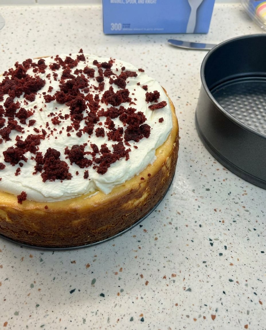 Red Velvet Cheesecake 10 A slice of red velvet cheesecake with a whipped cream topping on a white plate.