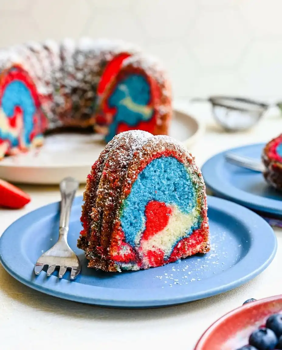 Red, White, and Blue Marble Cake 14 Whole red, white, and blue marble bundt cake with fresh berries