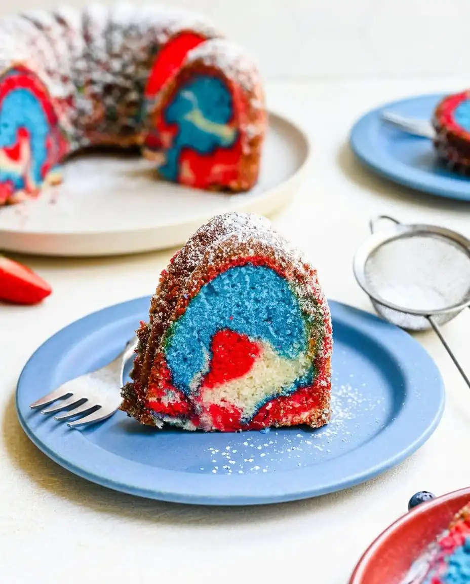 Red, White, and Blue Marble Cake 10 Slice of red, white, and blue marble cake on a plate